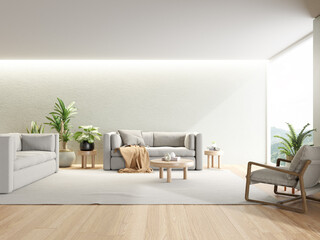 3d rendering of modern living room with sofa on wooden floor. nature background.