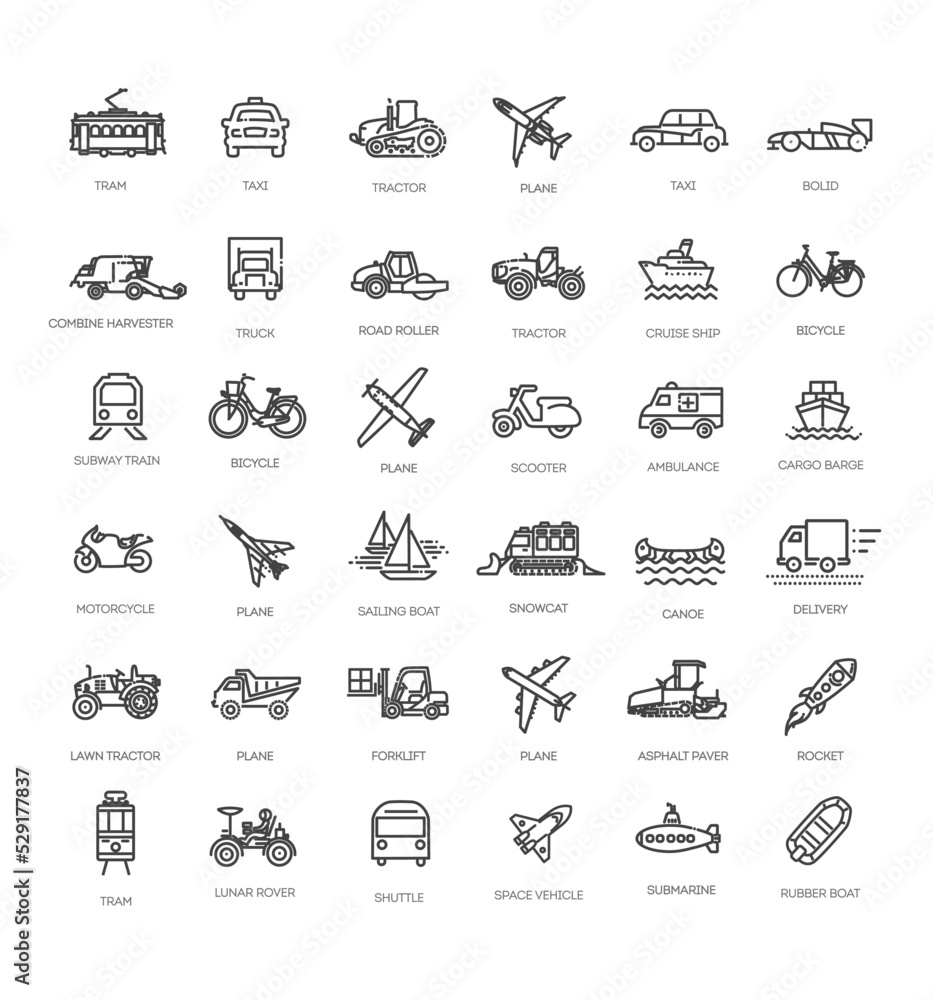 Wall mural Transport, vehicle and delivery elements - minimal thin line web icon set