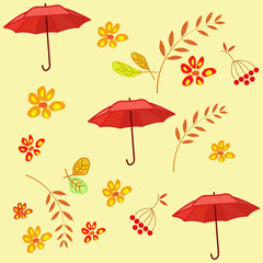 Autumn leaves, berries, umbrella. Seamless pattern.