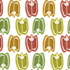 Seamless raster pattern with colored bell peppers. Autumn palette - green, yellow, orange, red.