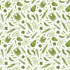 Seamless pattern with pepper, avocado, onion, rosemary and peas. Raster pattern in eco style. Green and white. For vegetarians. Printing on fabric and paper.
