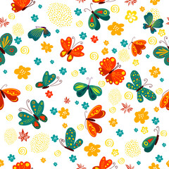 Cute background butterflies and flowers seamless pattern. Vector illustration. Summer floral repeat background for fabrics or wallpapers.