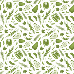 Raster seamless pattern with vegetables and herbs. Natural style, green colors. For vegetarians. Pepper, avocado, onion, rosemary and peas.
