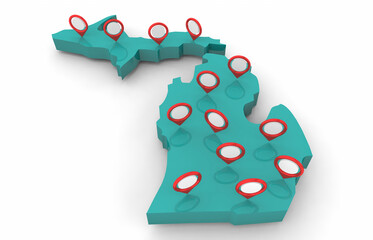 Michigan MI State City Destinations Locations Map Pins 3d Illustration