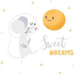 Vector print for children's products. Cute mouse in a spacesuit flying in space. Smiling moon and stars. 