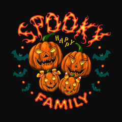 Round colored vintage emblem with fire text, silhouette of bat, pumpkin head stylized as a human faces. Burning letters Spooky family. Concept of happy family celebration