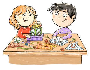 A boy and a girl wrapping Christmas gift boxes in a different craft paper. New year. Friends. Family spending time together. Hand drawn cartoon illustration isolated on a white background.