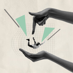 Contemporary art collage. Conceptual image of young woman falling down under social pressure