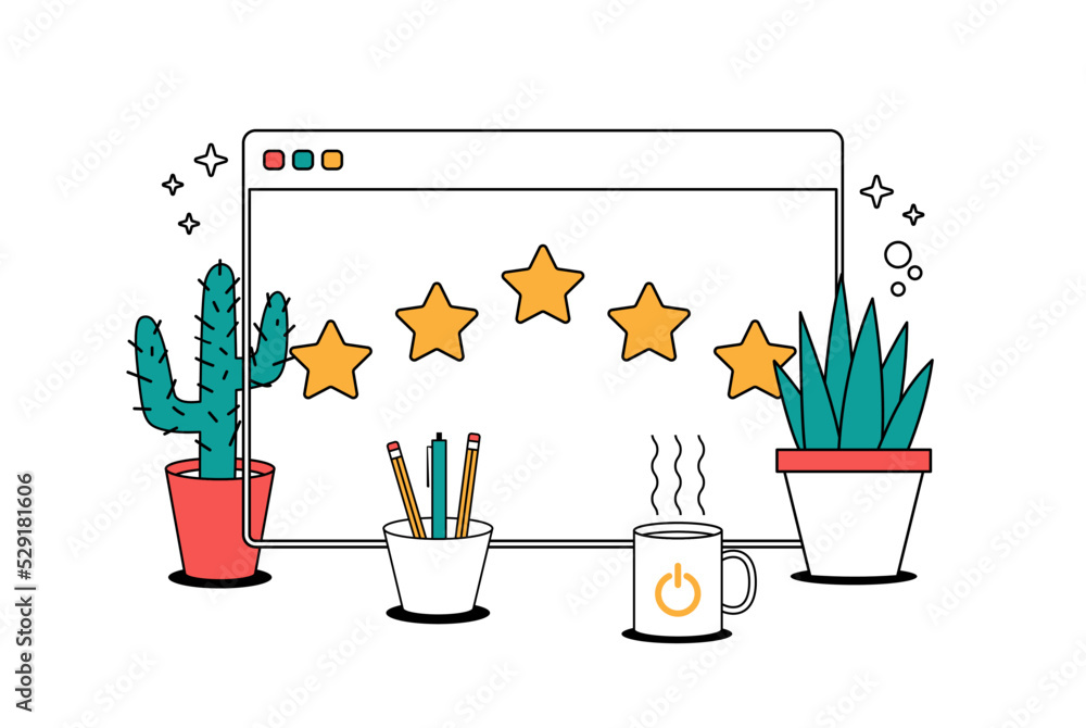 Poster star rating and feedback concept. cartoon line vector illustration style minimal browser window with