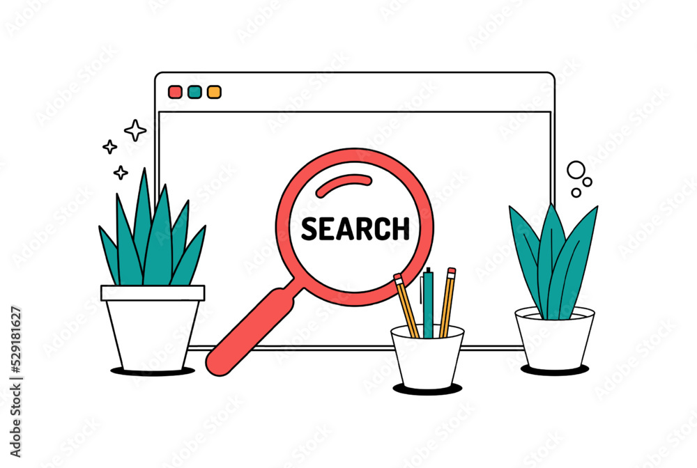 Poster search screen concept. minimal cartoon line style magnifying glass icon with computer window. vector