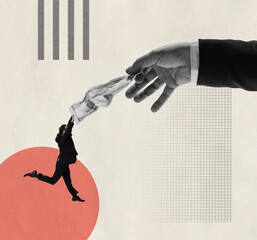 Contemporary art collage. Conceptual image. Businessman catching money given by a hand