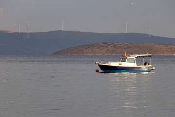 motorboat at sea, island, ocean