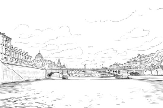 Paris city sketch. Bridge drawing. Seine river. France. Hand drawn vector illustration