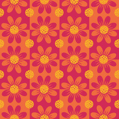 Daisy Geometric Retro Flowers Vector Seamless Pattern