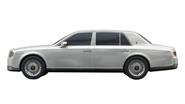 Tokio. Japan. July 28, 2022. White Toyota Century 2018 On A White Background. Luxury Sedan Of The Government And The Imperial House Of Japan. 3d Rendering.