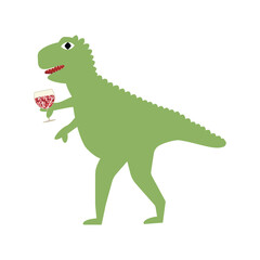 Vector illustration with dinosaur holding wineglass with sequin elements. Funny typography poster with t-rex, print design.
