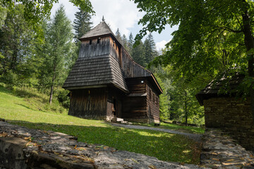 Gothic wooden church of St. Elizabeth from Zabrez located in the open air museum representing village of Orava region, Zuberec, Slovakia