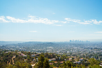 Los Angeles city panorama and downtown LA California. Bright sunny day in Hollywood