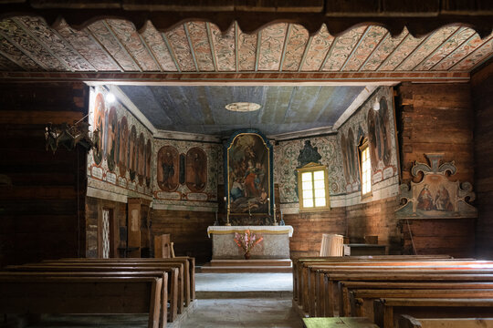 Interior of gothic wooden church of St. Elizabeth from Zabrez located in the open air museum representing village of Orava region, Zuberec, Slovakia