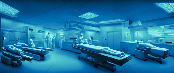 Artistic concept painting of a beautiful sci-fi futuristic hospital, with few peoples in the background. Tender and dreamy design, background illustration.3d illustration.