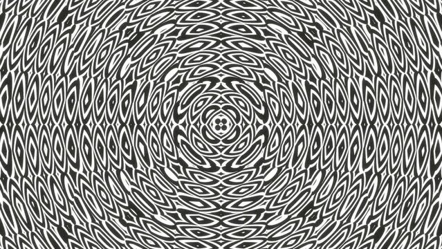 A looped linear and shape animation in black and white in the form of a kaleidoscope and a moving mandala for meditation in the form of a background
