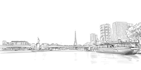 View of the bridge Le Pont de Bir-Hakeim and the Eiffel Tower. River Seine.  Paris, France. Urban sketch. Hand drawn vector illustration