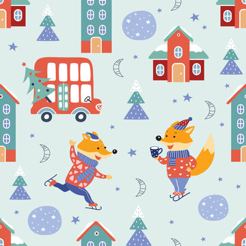 Seamless pattern. Winter sports. Cute cartoon foxes are ice skating. The bus is carrying a Christmas tree.