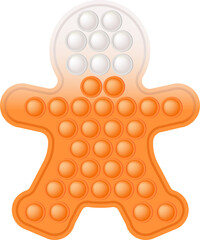 Christmas popit trendy fidget toy - holiday gingerbread man in orange and white colors. New Year colorful pop it toy. Bubble sensory fashionable popit for kids. PNG illustration isolated.