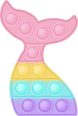 Popit figure mermaid tail as a fashionable silicon toy for fidgets. Addictive anti stress toy in pastel rainbow colors. Bubble anxiety developing pop it toys for kids. PNG illustration isolated