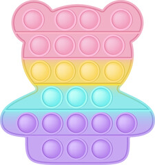Popit figure bear as a fashionable silicon toy for fidgets. Addictive anti stress toy in pastel rainbow colors. Bubble anxiety developing pop it toys for kids. PNG illustration isolated