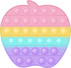 Popit figure apple as a fashionable silicon toy for fidgets. Addictive anti stress toy in pastel rainbow colors. Bubble anxiety developing pop it toys for kids. PNG illustration isolated