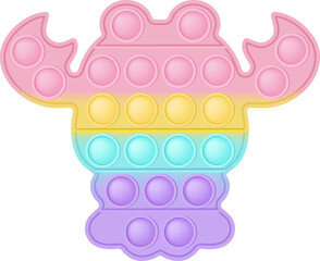Popit figure crayfish as a fashionable silicon toy for fidgets. Addictive anti stress toy in pastel rainbow colors. Bubble anxiety developing pop it toys for kids. PNG illustration isolated