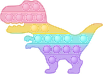 Popit figure dinosaur as a fashionable silicon toy for fidgets. Addictive anti stress toy in pastel rainbow colors. Bubble anxiety developing pop it toys for kids. PNG illustration isolated