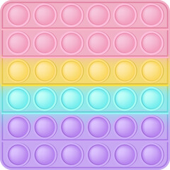 Popit figure square  as a fashionable silicon toy for fidgets. Addictive anti stress toy in pastel rainbow colors. Bubble anxiety developing pop it toys for kids. PNG illustration isolated