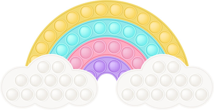 Popit figure rainbow as a fashionable silicon toy for fidgets. Addictive anti stress toy in pastel rainbow colors. Bubble anxiety developing pop it toys for kids. PNG illustration isolated