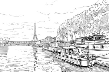 View of the bridge Le Pont de Bir-Hakeim and the Eiffel Tower. River Seine.  Paris, France. Urban sketch. Hand drawn vector illustration