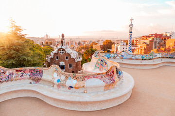Picture of Park Guell of Barcelona captured during golden hour, designed by the famous architect Antoní Gaudí. UNESCO World Heritage since 1984. - obrazy, fototapety, plakaty