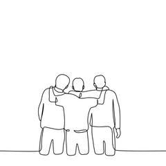 friends stand embracing and look in the same direction with their backs to the viewer - one line drawing vector. concept best friends, family
