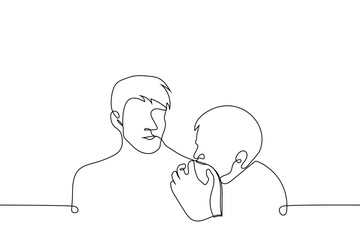 man biting friend's shoulder - one line drawing vector. concept cute aggression