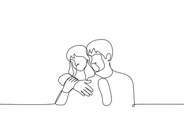 man hugging a woman from behind - one line drawing vector. concept of consolation, romantic hugs