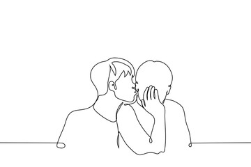 man kisses into the cheek of another man's ear - one line drawing vector. concept a homosexual man in love flirts or seduces a lover, a man makes fun of a friend