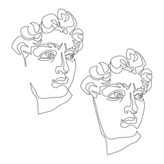 Mask of Michelangelo's David. Portrait of a young man. Continuous line drawing illustration.
