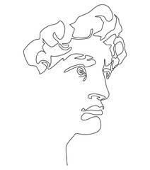 Mask of Michelangelo's David. Portrait of a young man. Continuous line drawing illustration.