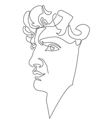 Mask of Michelangelo's David. Portrait of a young man. Continuous line drawing illustration.
