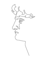 Mask of Michelangelo's David. Portrait of a young man. Continuous line drawing illustration.