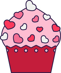 Retro Valentine Day icon cupcake with hearts. Love symbol in the fashionable pop line art style. The cute muffin is in soft pink, red, and coral color. Png  illustration isolated
