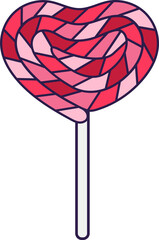 Retro Valentine Day icon candy lollipop heart on a stick. Love symbol in the fashionable pop line art style. The cute candy is in soft pink, red, and coral color. Png illustration isolated