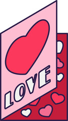Retro Valentine Day icon greeting card with hearts. Love symbol in the fashionable pop line art style. The cute postcard is in soft pink, red, and coral color. Png illustration isolated