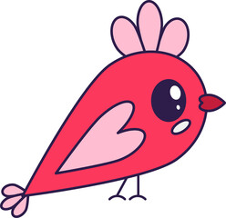 Kawaii Valentine Day icon bird with heart wig. Love symbol in the fashionable pop line art style. The cute bird with a heart is in coral pink, red, and pink color. Png illustration isolated