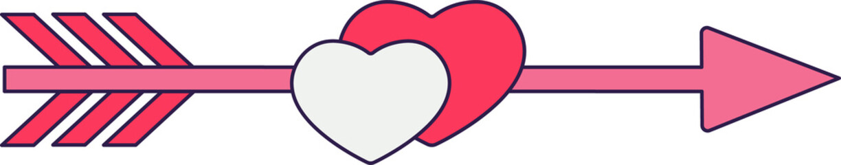 Obraz na płótnie Canvas Retro Valentine Day icon arrow, heart, and lettering. Love symbols in the fashionable pop line art style. The figure of a heart in soft pink, red and coral color. Png illustration isolated